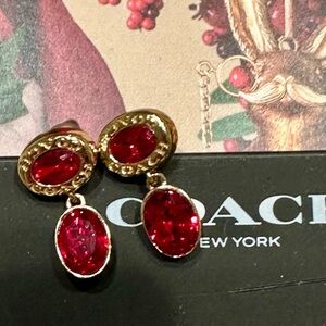 NWT Coach Gold Tone and Red Crystal Logo Drop Earrings